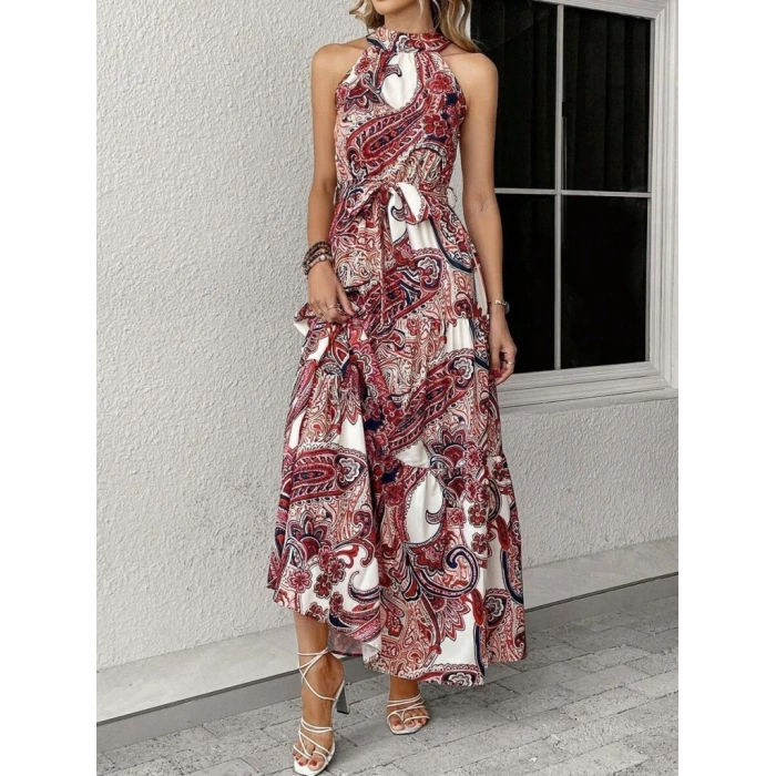 MDB Kadın Halter Yakalı Omuzlardan Açık Kuşaklı Maksi Boy Desenli Süprem Elbise
