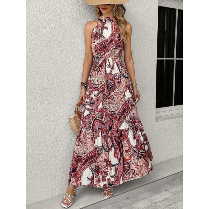 MDB Kadın Halter Yakalı Omuzlardan Açık Kuşaklı Maksi Boy Desenli Süprem Elbise