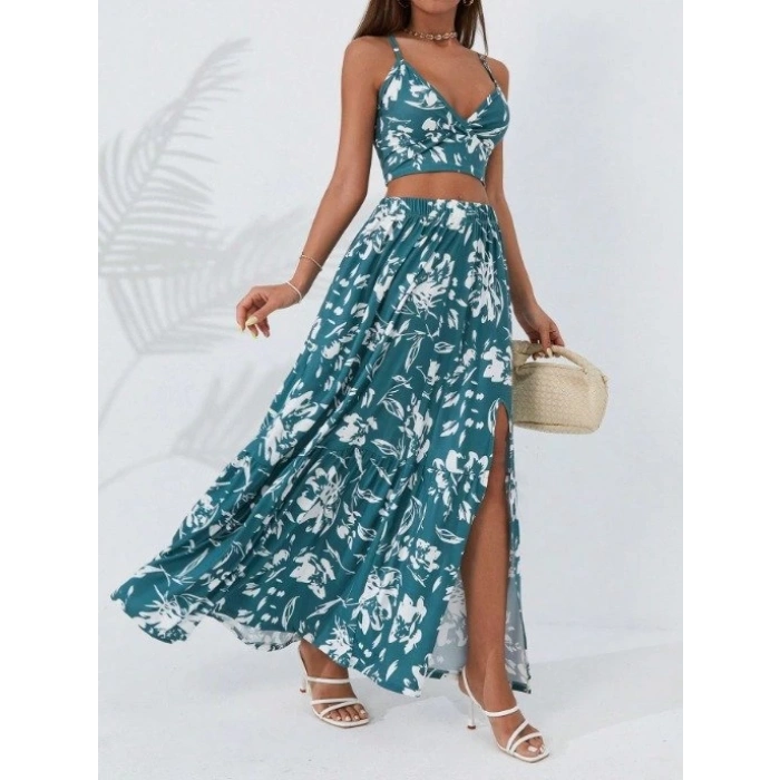 MDB Kadın Ince Askılı çiçek Baskı Desenli Crop Yırtmaçlı Etek Ikili Süprem Takım