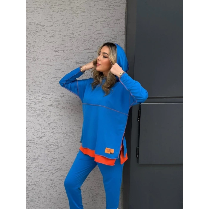 MDB Kadın Indigo Kapşonlu Etek Ucu Detay Arma Ters Dikiş Gorunumlu Ikili Takım