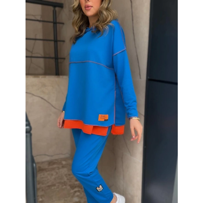 MDB Kadın Indigo Kapşonlu Etek Ucu Detay Arma Ters Dikiş Gorunumlu Ikili Takım