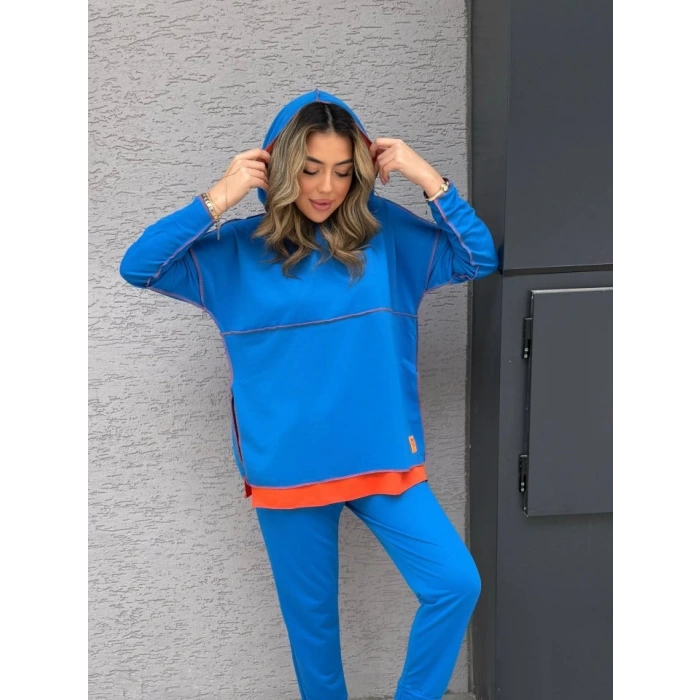 MDB Kadın Indigo Kapşonlu Etek Ucu Detay Arma Ters Dikiş Gorunumlu Ikili Takım