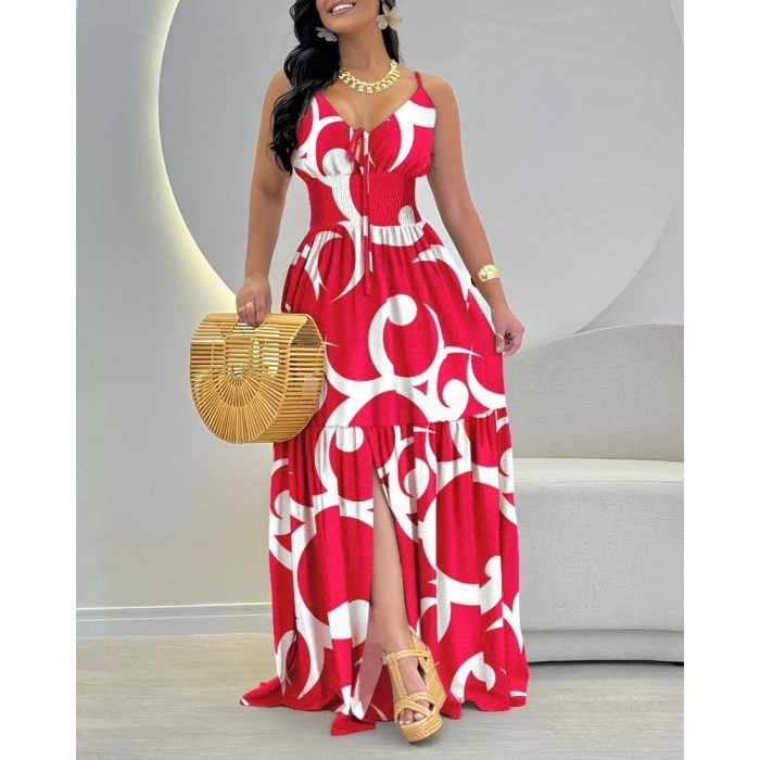 MDB Kadın Ip Askılı Dekolteli Bağcıklı Yırtmaçlı Desenli Süprem Elbise