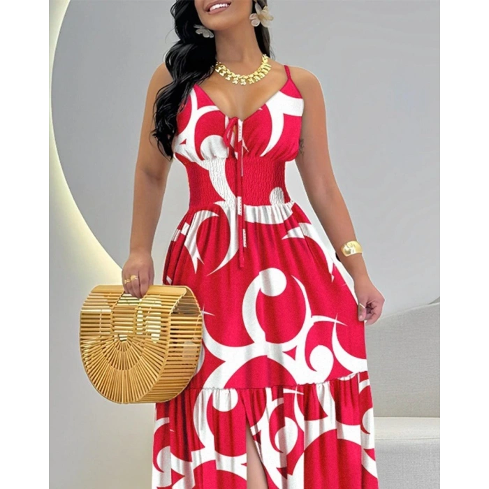 MDB Kadın Ip Askılı Dekolteli Bağcıklı Yırtmaçlı Desenli Süprem Elbise