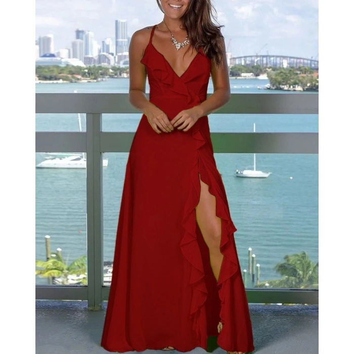 MDB Kadın Ip Askılı Dekolteli Yırtmaç Detay Krep Elbise