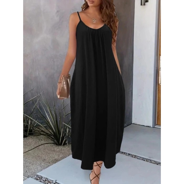 MDB Kadın Ip Askılı Geniş V Yakalı Viskon Elbise