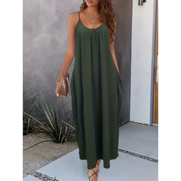 MDB Kadın Ip Askılı Geniş V Yakalı Viskon Elbise