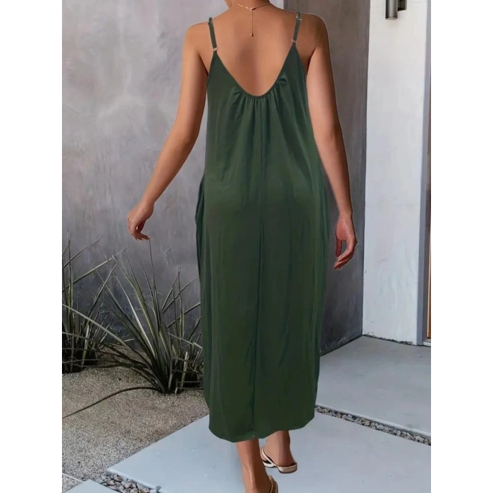 MDB Kadın Ip Askılı Geniş V Yakalı Viskon Elbise