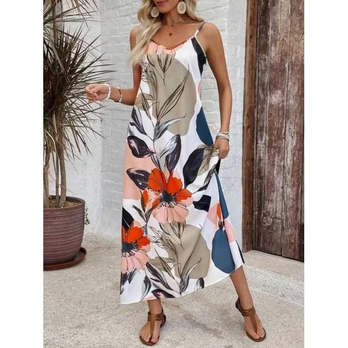 MDB Kadın Ip Askılı Geniş V Yakalı Desenli Süprem Elbise