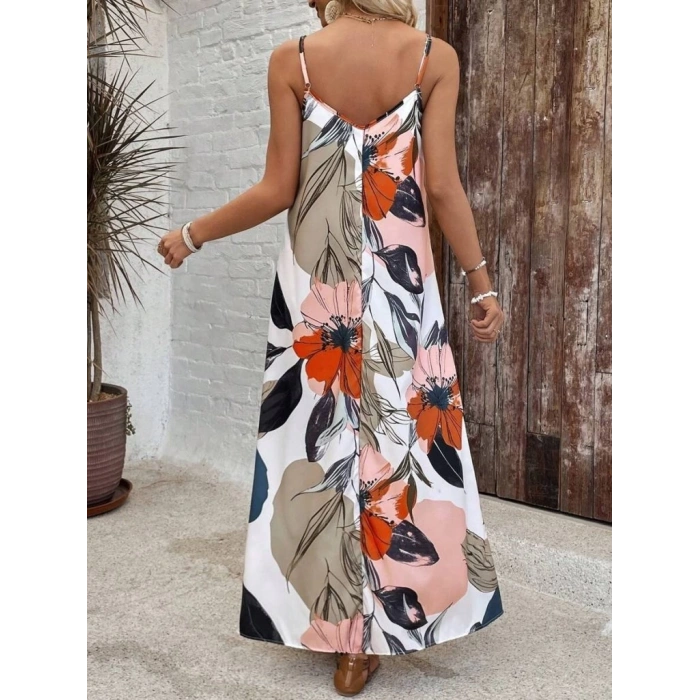 MDB Kadın Ip Askılı Geniş V Yakalı Desenli Süprem Elbise