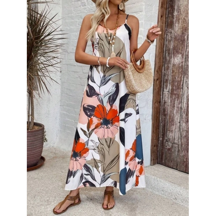 MDB Kadın Ip Askılı Geniş V Yakalı Desenli Süprem Elbise