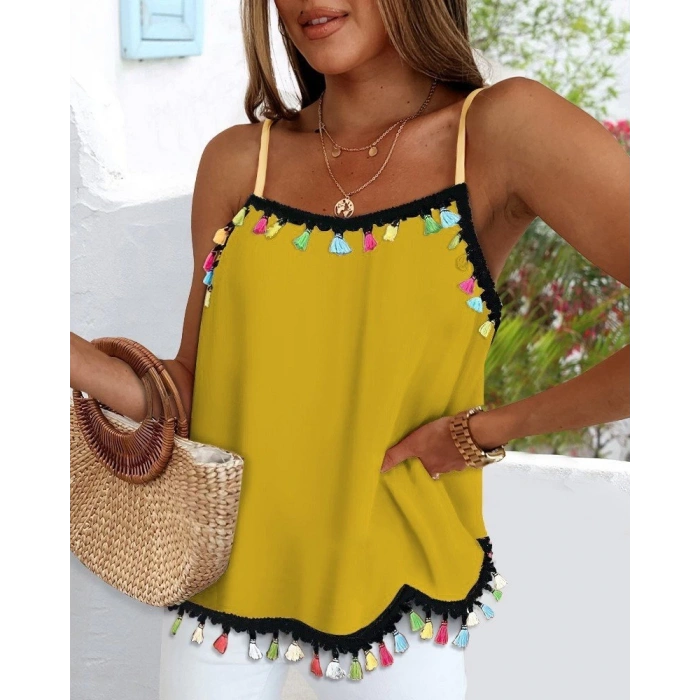 MDB Kadın Ip Askılı Püskül Detaylı Sandy Bluz