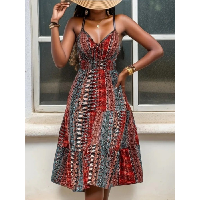 MDB Kadın Ip Askılı V Yakalı Bağcıklı Beli Lastikli Desenli Süprem Elbise