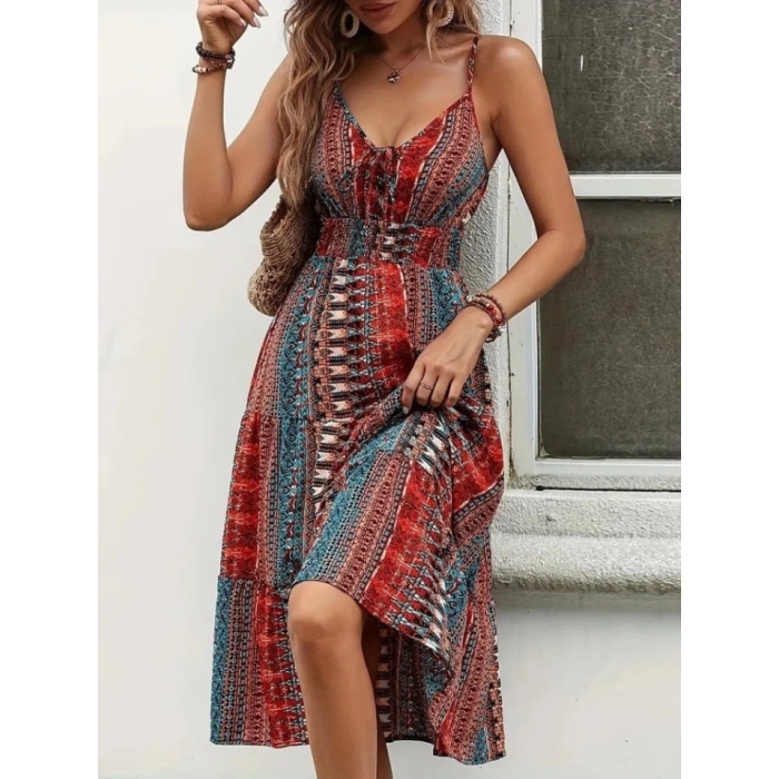 MDB Kadın Ip Askılı V Yakalı Bağcıklı Beli Lastikli Desenli Süprem Elbise