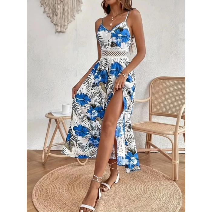 MDB Kadın Ip Askılı V Yakalı Bel Güpür çiçek Desenli Yandan Yırtmaçlı Maksi Süprem Elbise