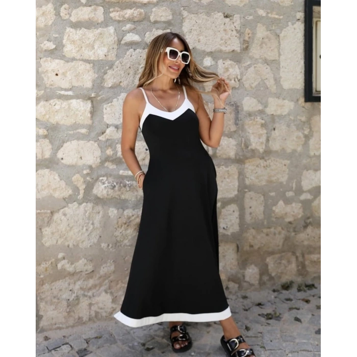 MDB Kadın Ip Askılı V Yakalı çift Renkli Janjan Krep Elbise