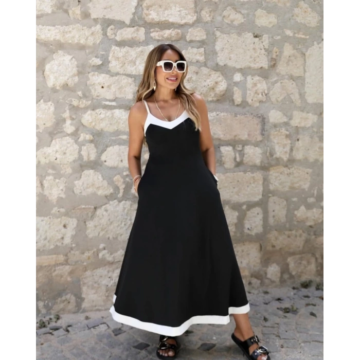 MDB Kadın Ip Askılı V Yakalı çift Renkli Janjan Krep Elbise