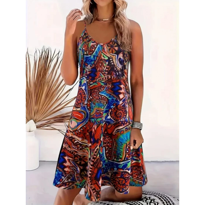 MDB Kadın Ip Askılı V Yakalı Desenli Kısa Süprem Elbise