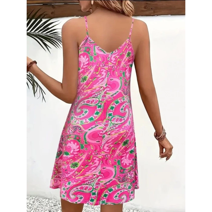 MDB Kadın Ip Askılı V Yakalı Desenli Kısa Süprem Mini Elbise