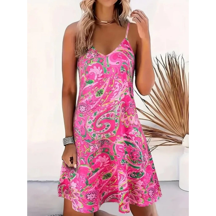 MDB Kadın Ip Askılı V Yakalı Desenli Kısa Süprem Mini Elbise