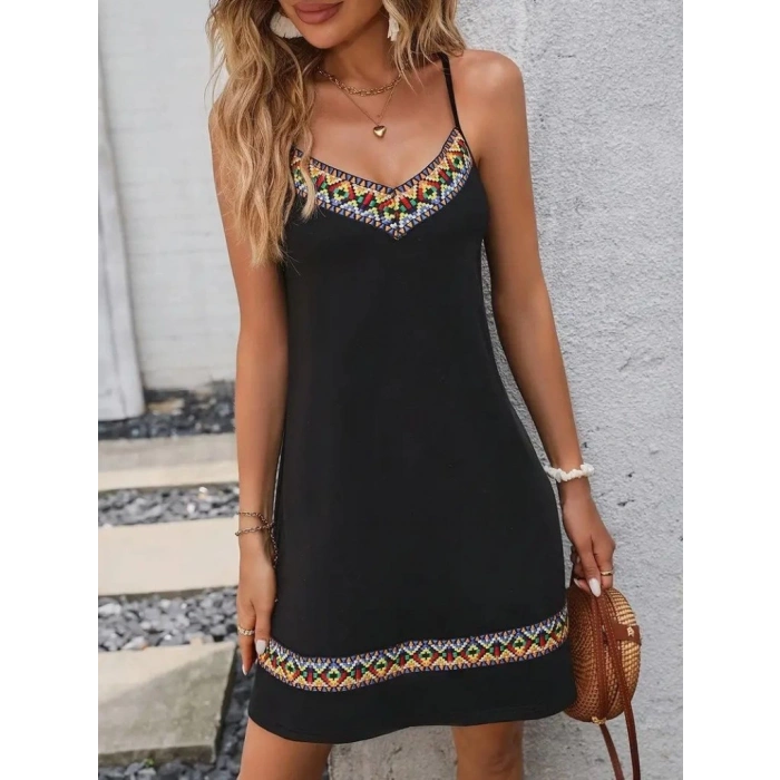 MDB Kadın Ip Askılı V Yakalı Etnik Desenli Detaylı Elbise