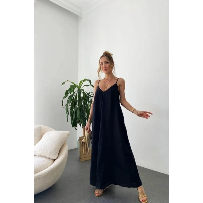 MDB Kadın Ip Askılı V Yakalı Uzun Aerobin Elbise