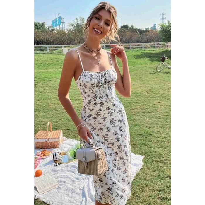 MDB Kadın Ip Askılı Yakadan Bağcıklı Desenli Süprem Elbise