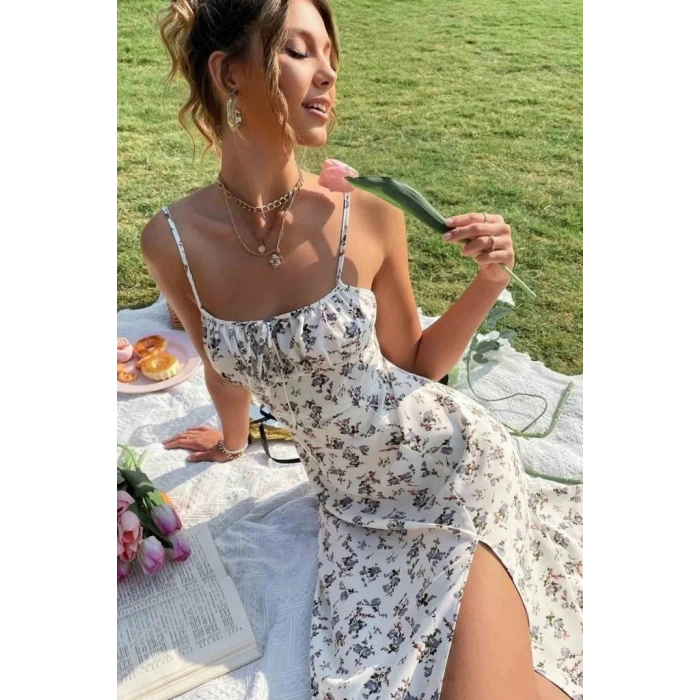 MDB Kadın Ip Askılı Yakadan Bağcıklı Desenli Süprem Elbise