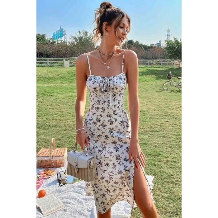 MDB Kadın Ip Askılı Yakadan Bağcıklı Desenli Süprem Elbise