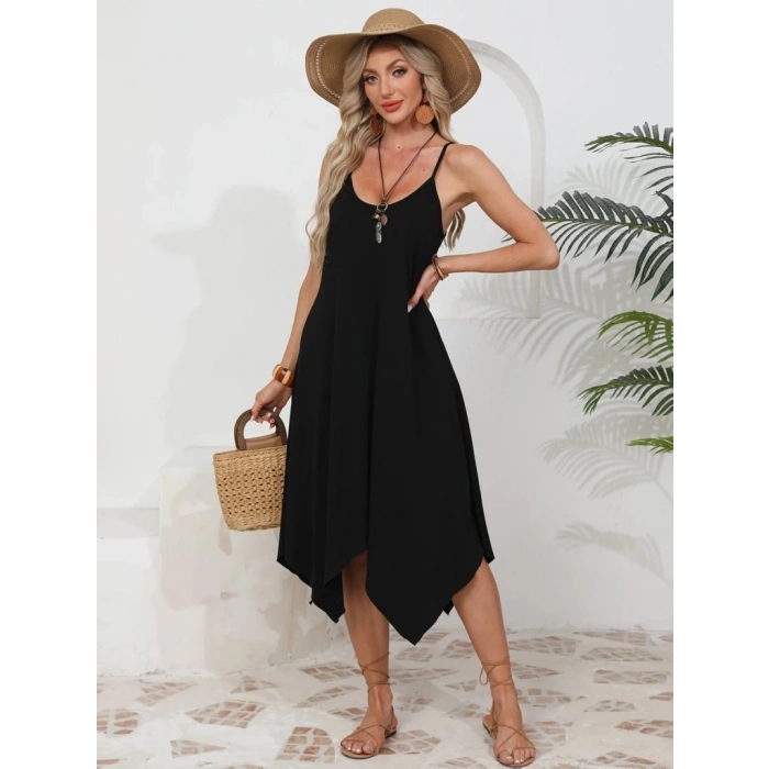 MDB Kadın Ip Askılı Yuvarlak Yakalı Asimetrik Kesim Viskon Elbise