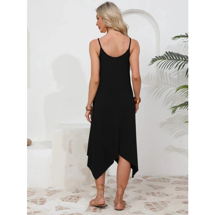 MDB Kadın Ip Askılı Yuvarlak Yakalı Asimetrik Kesim Viskon Elbise