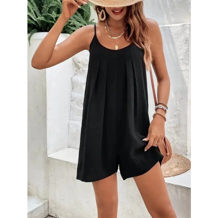 MDB Kadın Ip Askılı Yuvarlak Yakalı Pileli Viskon Tulum