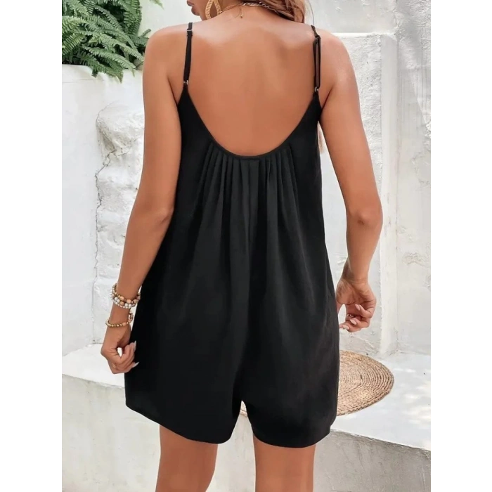 MDB Kadın Ip Askılı Yuvarlak Yakalı Pileli Viskon Tulum