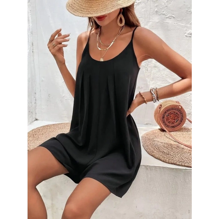 MDB Kadın Ip Askılı Yuvarlak Yakalı Pileli Viskon Tulum