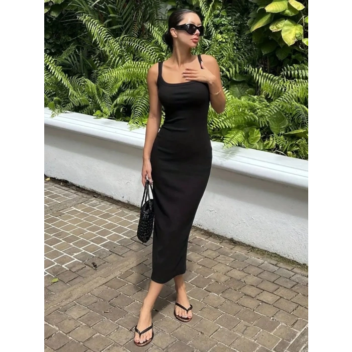 MDB Kadın Ip Askılı Yuvarlak Yakalı Yırtmaçlı Midi Kaşkorse Elbise