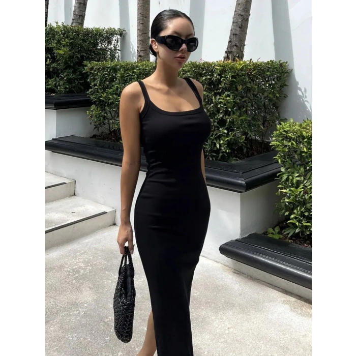 MDB Kadın Ip Askılı Yuvarlak Yakalı Yırtmaçlı Midi Kaşkorse Elbise