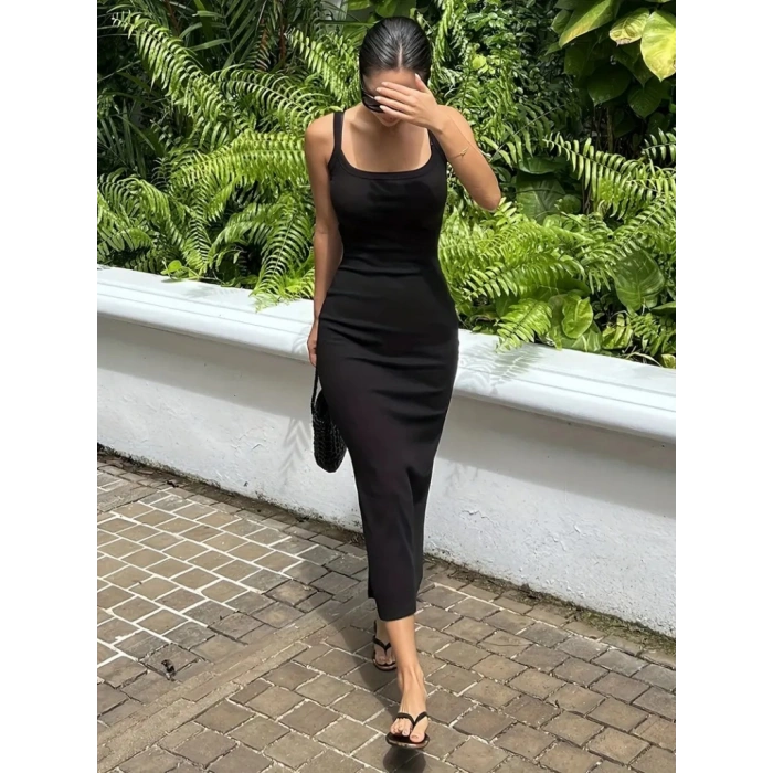 MDB Kadın Ip Askılı Yuvarlak Yakalı Yırtmaçlı Midi Kaşkorse Elbise