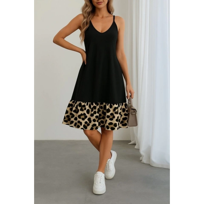 MDB Kadın Ip Detaylı Kısa Elbise Askılı Yuvarlak Yakalı Viskon Etek Süprem Elbise