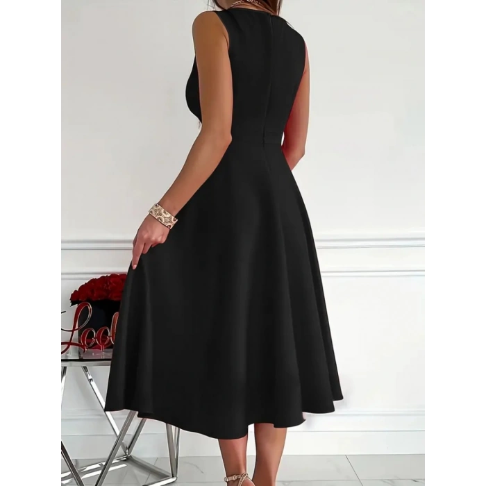 MDB Kadın Ithal Krep Kumaş Kruvaze Yaka Eteği Kloş Kolsuz Mini Elbise