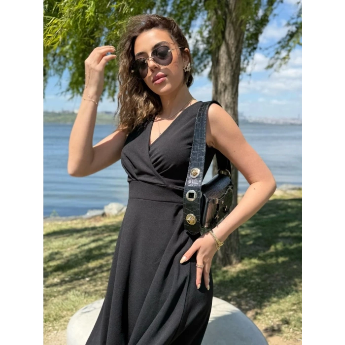 MDB Kadın Ithal Krep Kumaş Kruvaze Yaka Eteği Kloş Kolsuz Mini Elbise