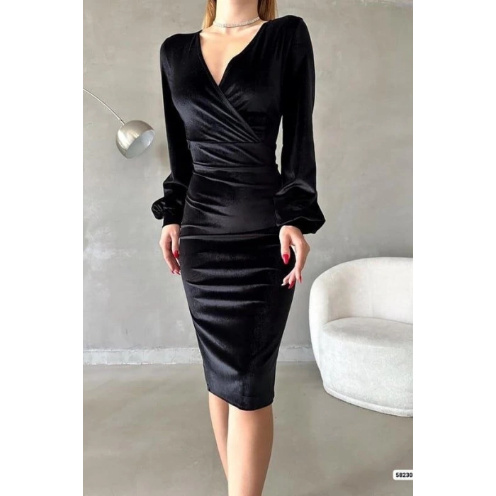 MDB Kadın Kadife Kumaş Kruvaze Yaka Balon Kol Ve Yırtmaç Detaylı idi Boy Elbise