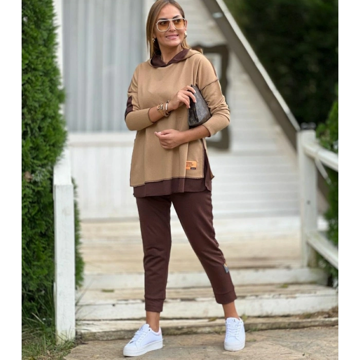 MDB Kadın Kahve Kapşonlu Etek Ucu Detay Arma Ters Dikiş Gorunumlu Ikili Takım