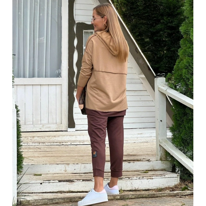 MDB Kadın Kahve Kapşonlu Etek Ucu Detay Arma Ters Dikiş Gorunumlu Ikili Takım