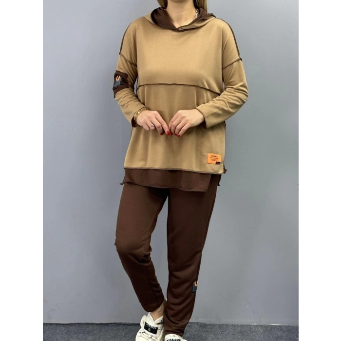 MDB Kadın Kahve Kapşonlu Etek Ucu Detay Arma Ters Dikiş Gorunumlu Ikili Takım