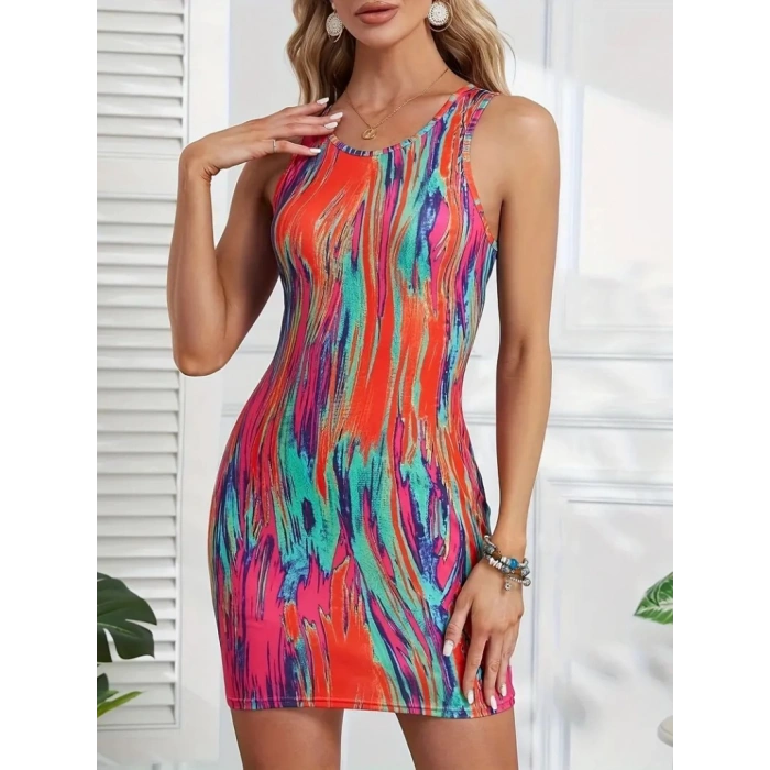 MDB Kadın Kalın Askılı çok Renkli Dalgıç Mini Elbise