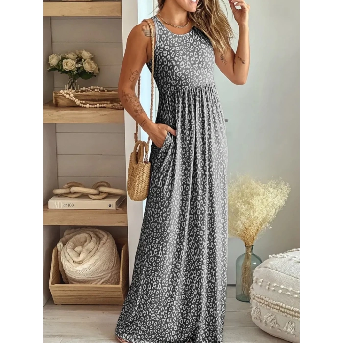 MDB Kadın Kalın Askılı Yuvarlak Yaka Cepli Süprem Maksi Elbise