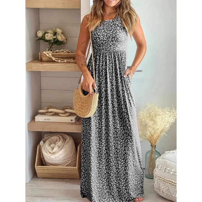 MDB Kadın Kalın Askılı Yuvarlak Yaka Cepli Süprem Maksi Elbise