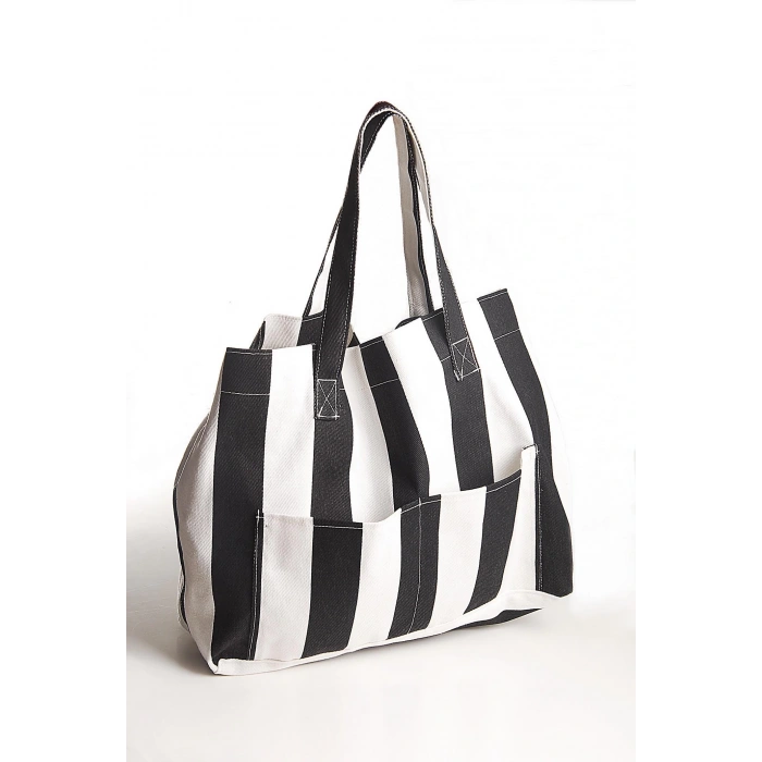 Kadın Kanvas 2 Cepli Günlük Renkli Plaj Omuz Çantası Siyah