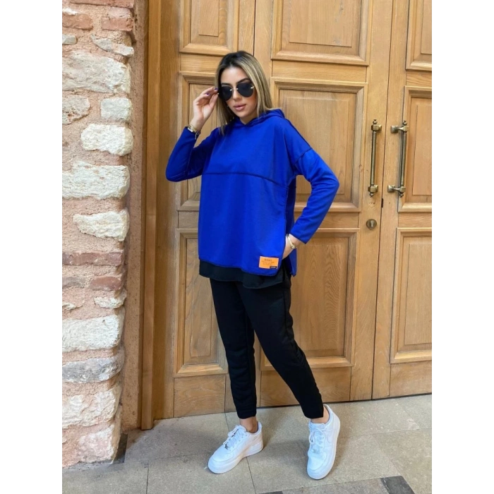 MDB Kadın Kapşonlu Etek Ucu Detay Armalı Ters Dikiş Gorunumlu Ikili Takım