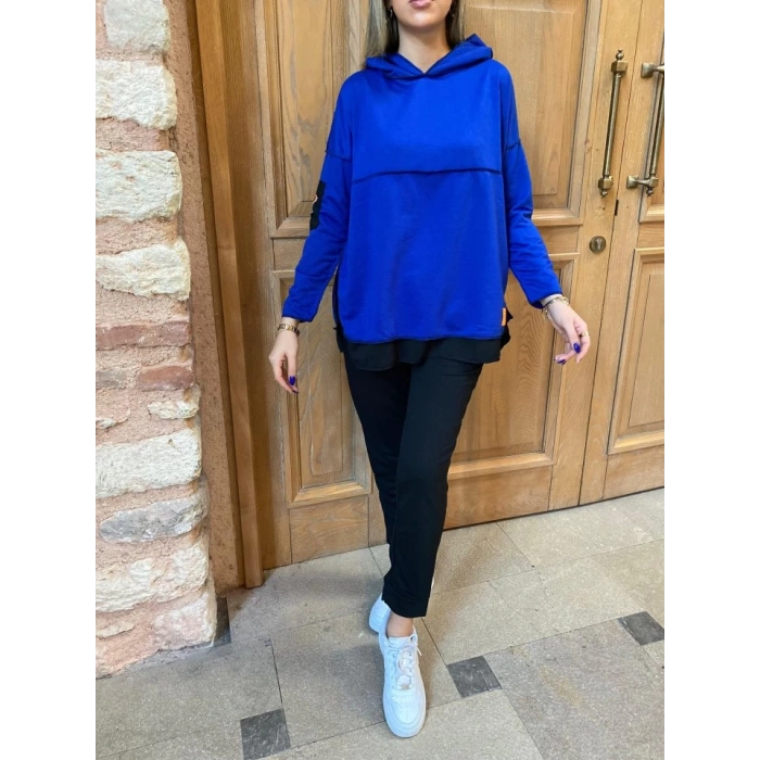 MDB Kadın Kapşonlu Etek Ucu Detay Armalı Ters Dikiş Gorunumlu Ikili Takım